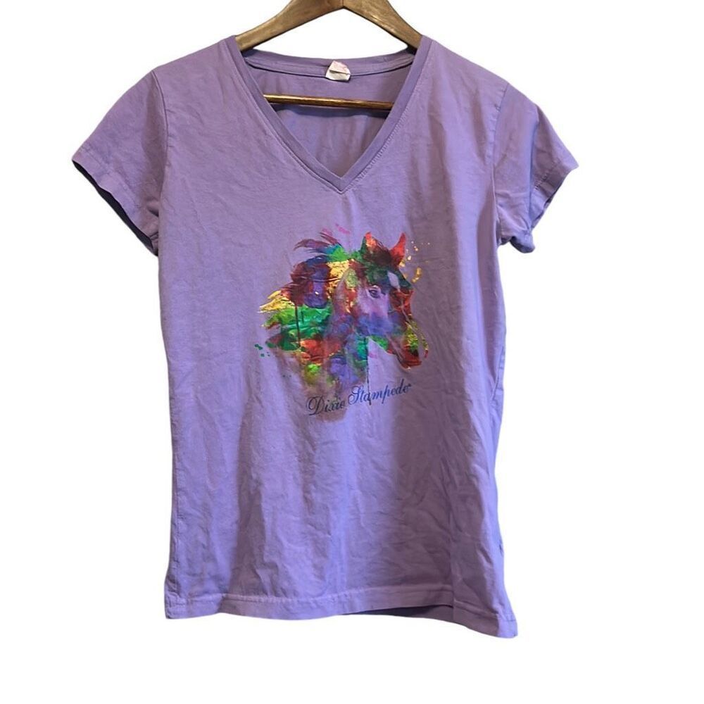 Dixie Stampede T-Shirt‎ Lavender Purple Horse Graphic V-Neck Ladies XL